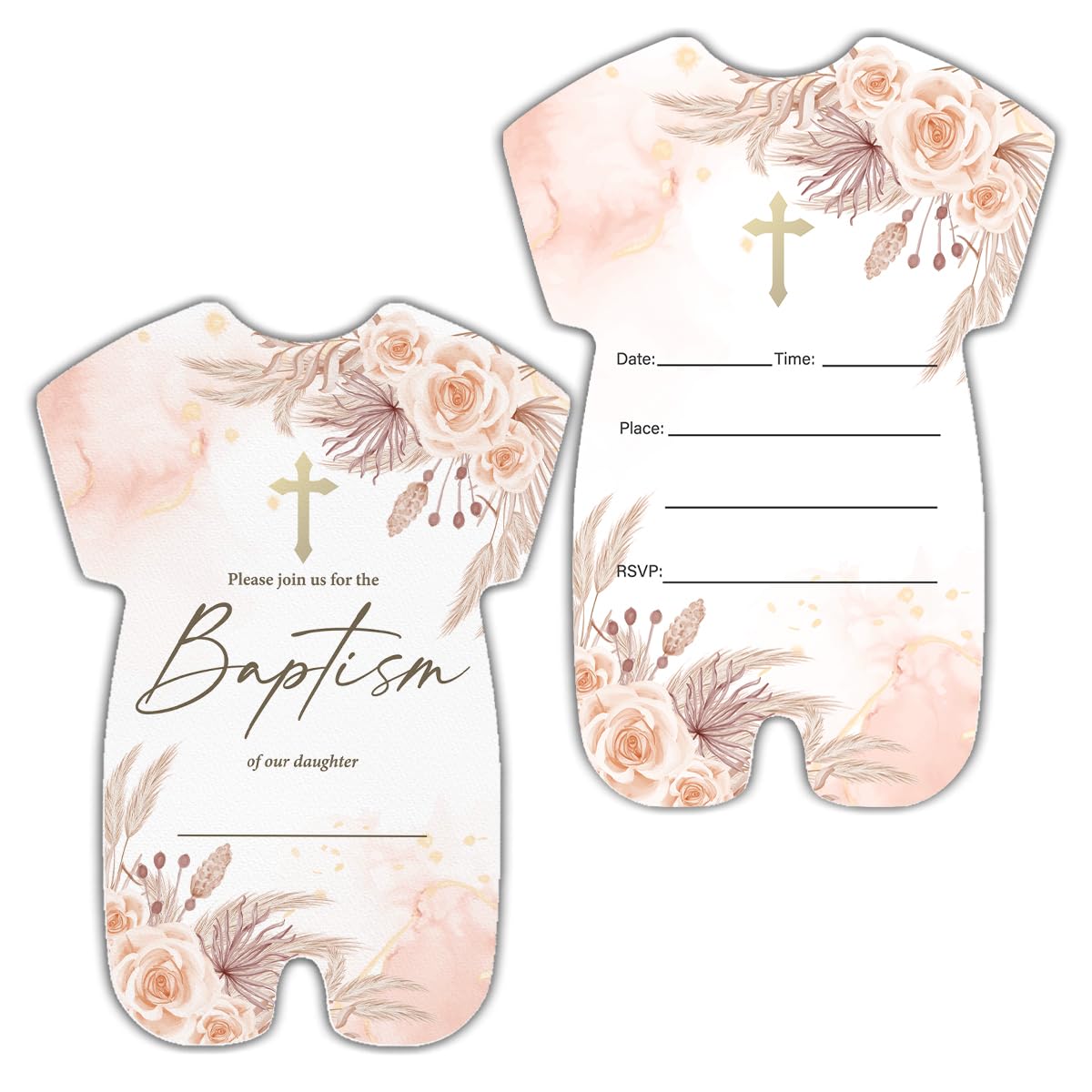 RNYJJ Boho Floral Baptism Invitations, Blush Flowers Baptism Invites for Girl Christening Party Fill in Invites Cards With Envelopes (20 Count),