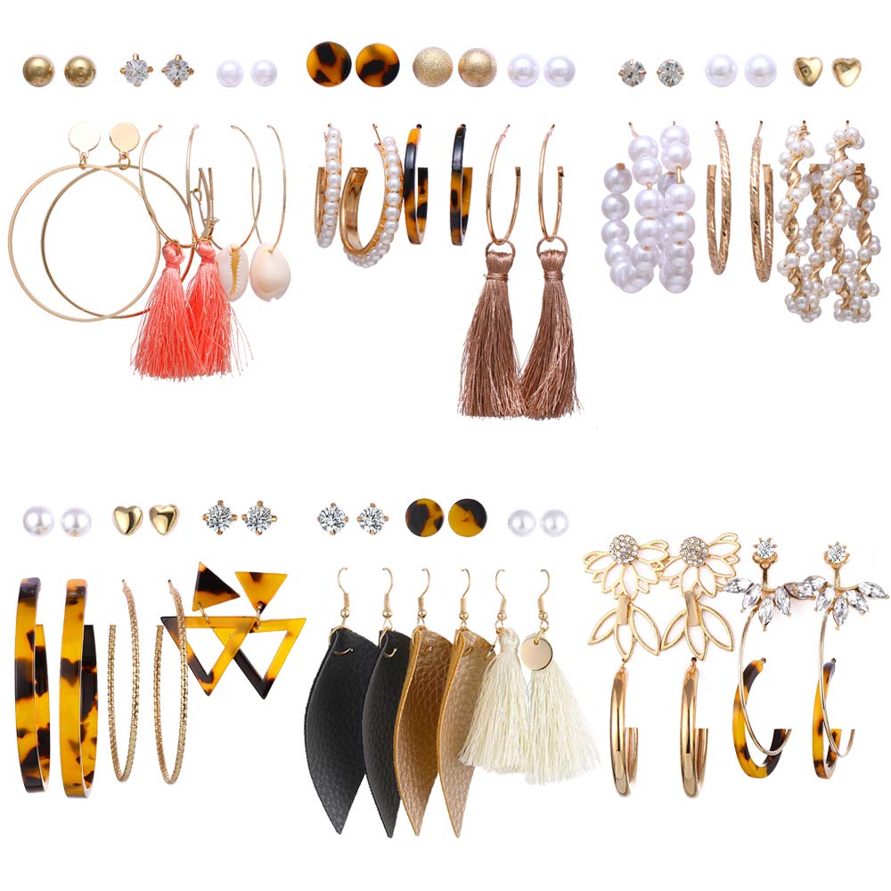 36 Pairs 17IF Assorted Multiple Fashion Tassel Earrings Set For Women Girls Bohemian Dangle Lightweight Acrylic Earrings Hoop Leather Leaf Earrings For Party Vacation Birthday Friendship Gifts