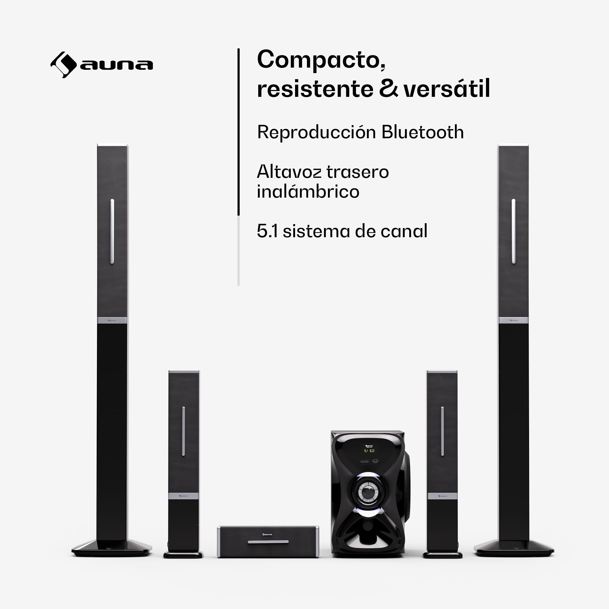 AUNA Areal 825 Sistema de Cine en Casa 5.1 Inalámbrico - Bluetooth, Subwoofer 100W, Iluminación RGB, Puertos USB/SD, Entrada AUX y Óptica, Altavoces con Mando a Distancia