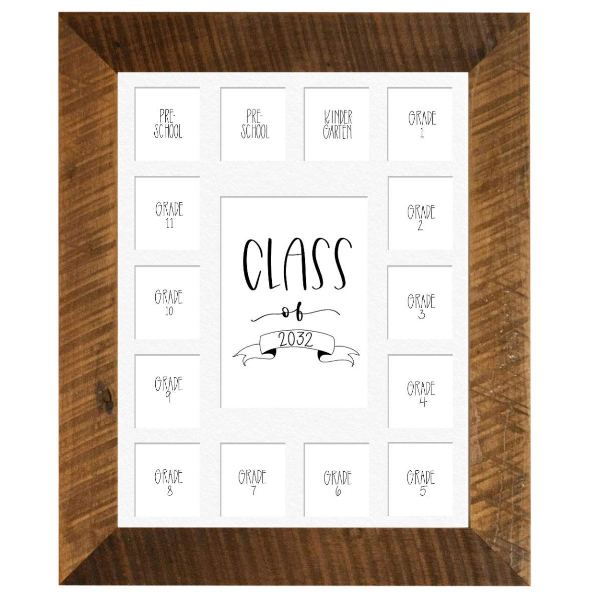Rustic Red Door Co. School Years Reclaimed Wood Picture Frame - 11x14 Wooden Framed 15 Photo Collage Mat Pre-School &amp; Kindergarten to 12th Grade High School Graduation (Class of 2032, White)