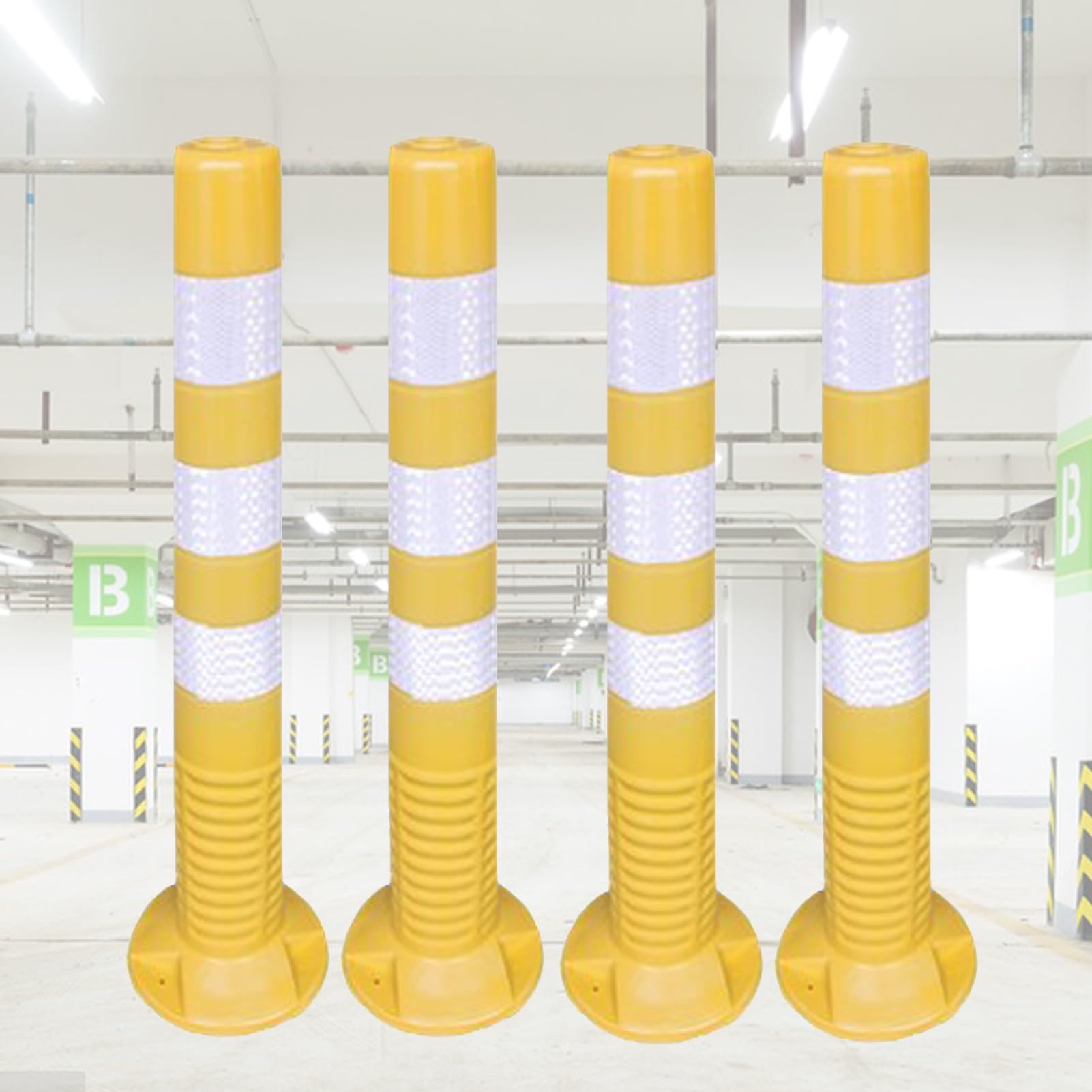 Parking Barrier, Plastic Safety Bollard Post 4 Pack, Flexible Parking Space Blocker, Driveway Road Garage Lot Warning Barrier Cones, 76Cm / 30In Height H H,Yellow An,Yellow and White-76cm (30in)