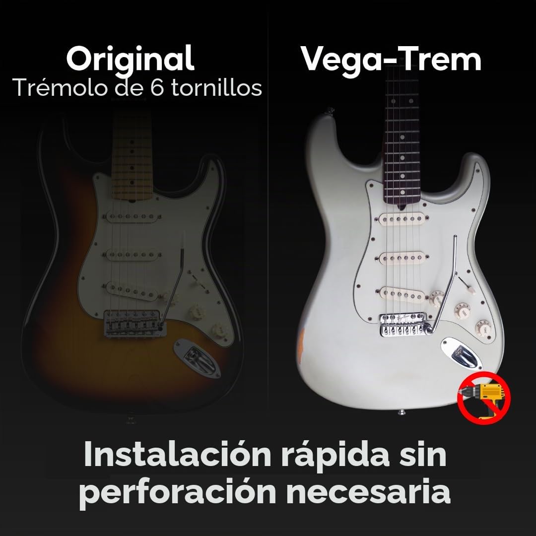 Vega-Trem VT1 Special Standard - Puente de trémolo para guitarra Stratocaster de 6 tornillos para Strat sin mods, fácil instalación (brillante, derecha)