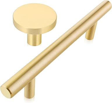 QOGRISUN 10-Pack 1 Inch Diameter Solid Brass Cabinet Knobs, Round Gold Dresser Drawer Pulls 5-Pack Handles Gold Euro Style T Bar Pulls, 3-Inch Hole Center for Kitchen Drawer Dresser Cupboard