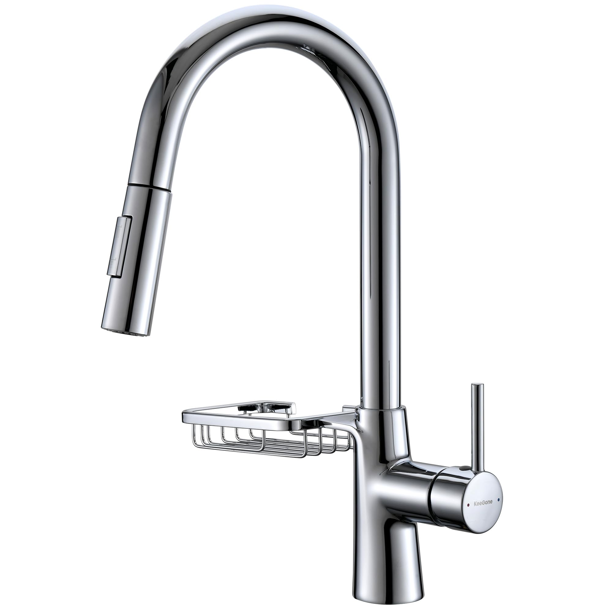 KeeGone Kitchen Tap, Kitchen Mixer tap with Pull-Out Spray, Pull Down Kitchen Sink Mixer Taps Faucet High Arc 360° swivelling Two Modes with Storage Rack Silver