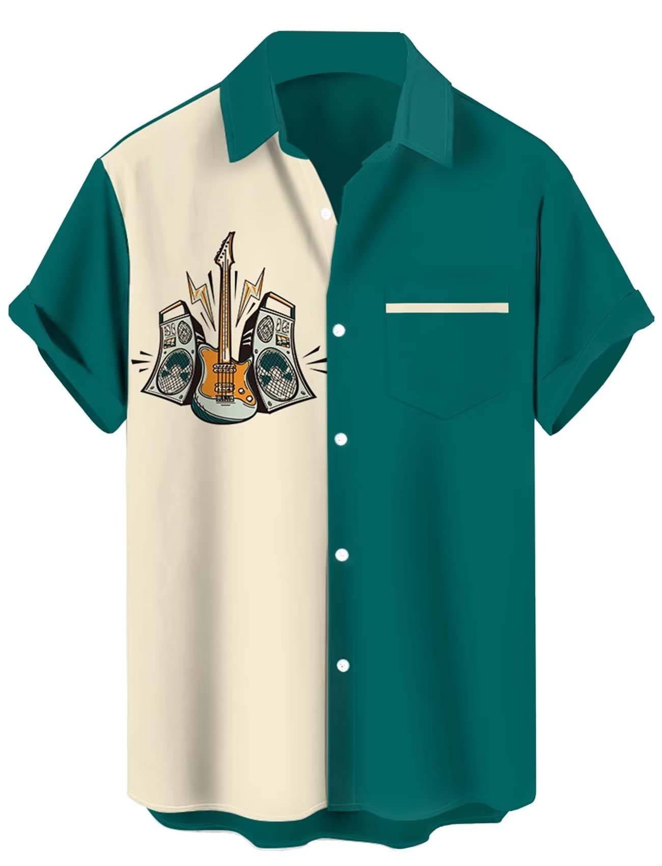 Men's Vintage Bowling Shirt 1950s Retro Rockabilly Style Short Sleeve Button Down Music Hawaiian Shirts, Guitar-cream Green, XL