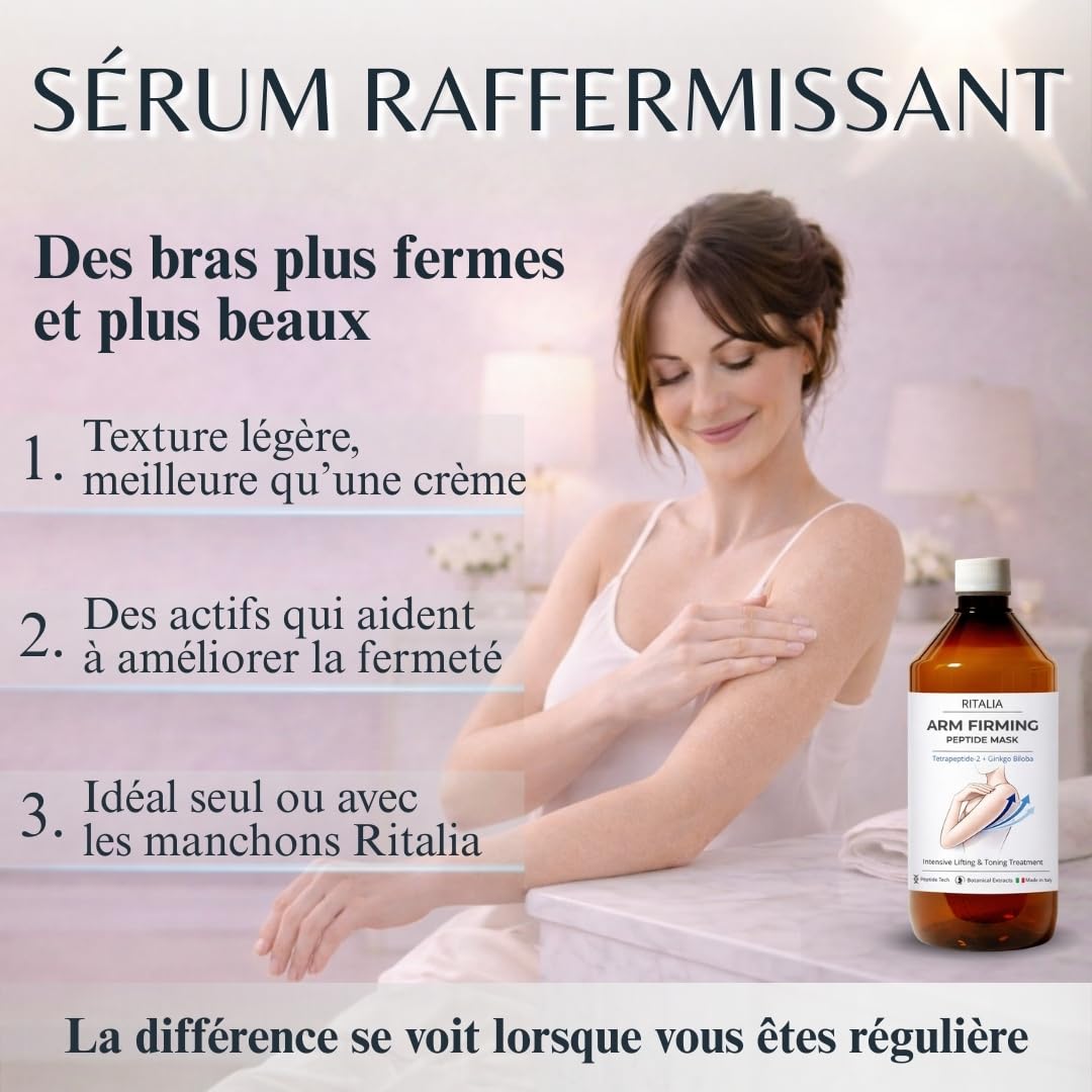 RITALIA Sérum Raffermissant Bras 500 ml – Soin Ciblé contre Bras Flasques & Peau Relâchée avec Peptides & Ginkgo Biloba – 10–12 Traitements – Alternative à la Crème Raffermissante – Made in Italy
