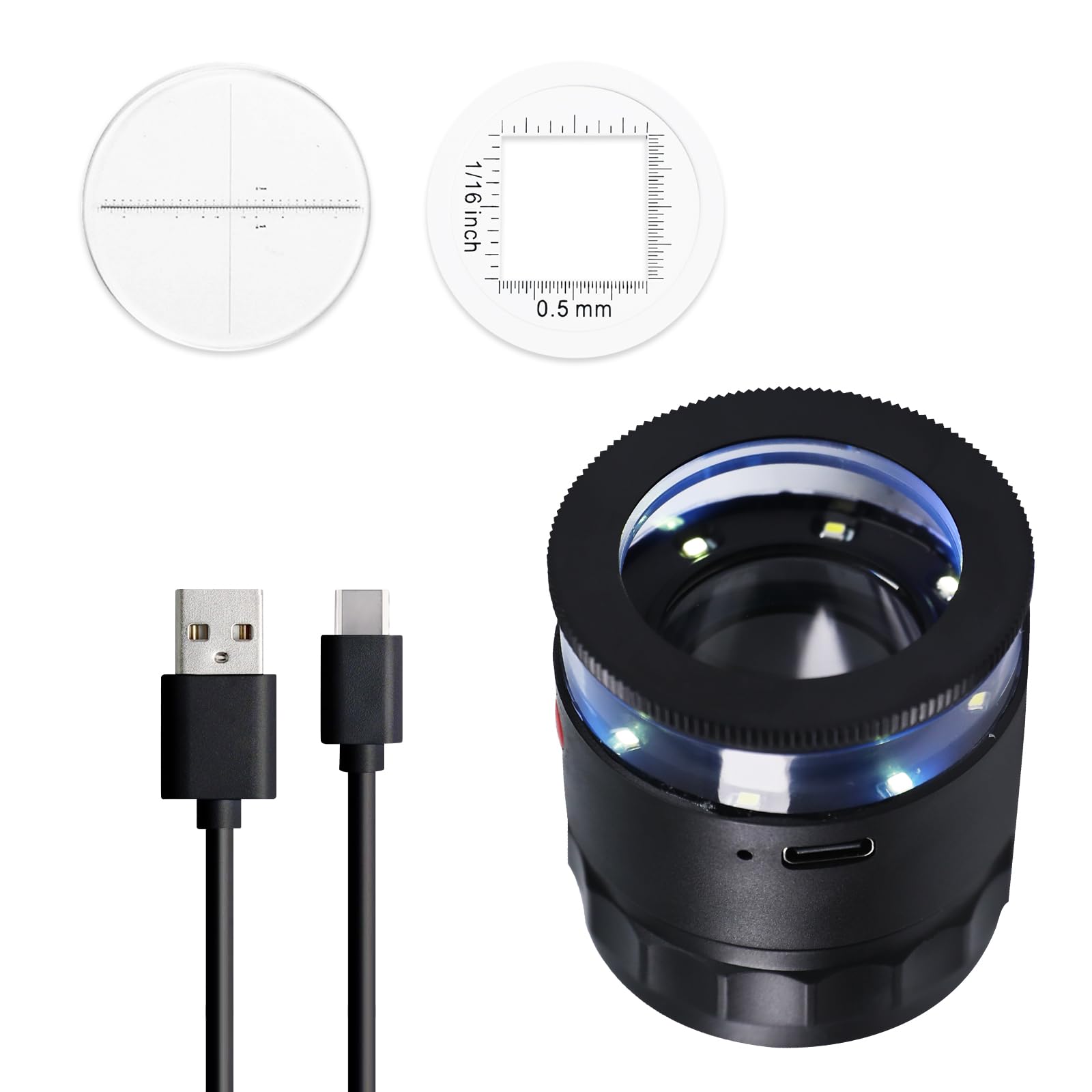 Rechargeable 10x Magnification Scale Loupe, K9 Optical Glass with LED/UV Lighting and Adjustable Focal Length for Jewelry, Coins, Stamps, and Small Objects
