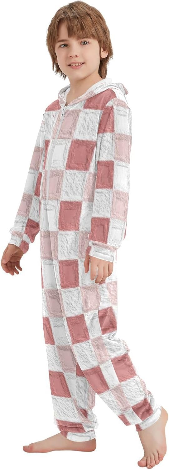 Pink Checkered PatternPajamasZipper Hooded One-Piecing Costume Sleepwearfor Christmas Home