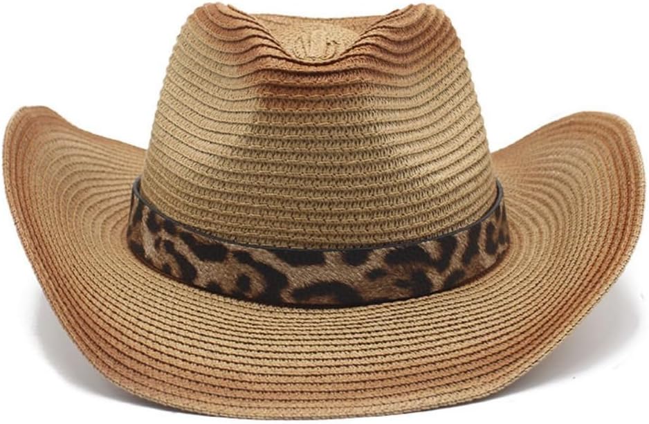 Western Cowboy Hat, Straw Woven, Khaki with Leopard Print Band