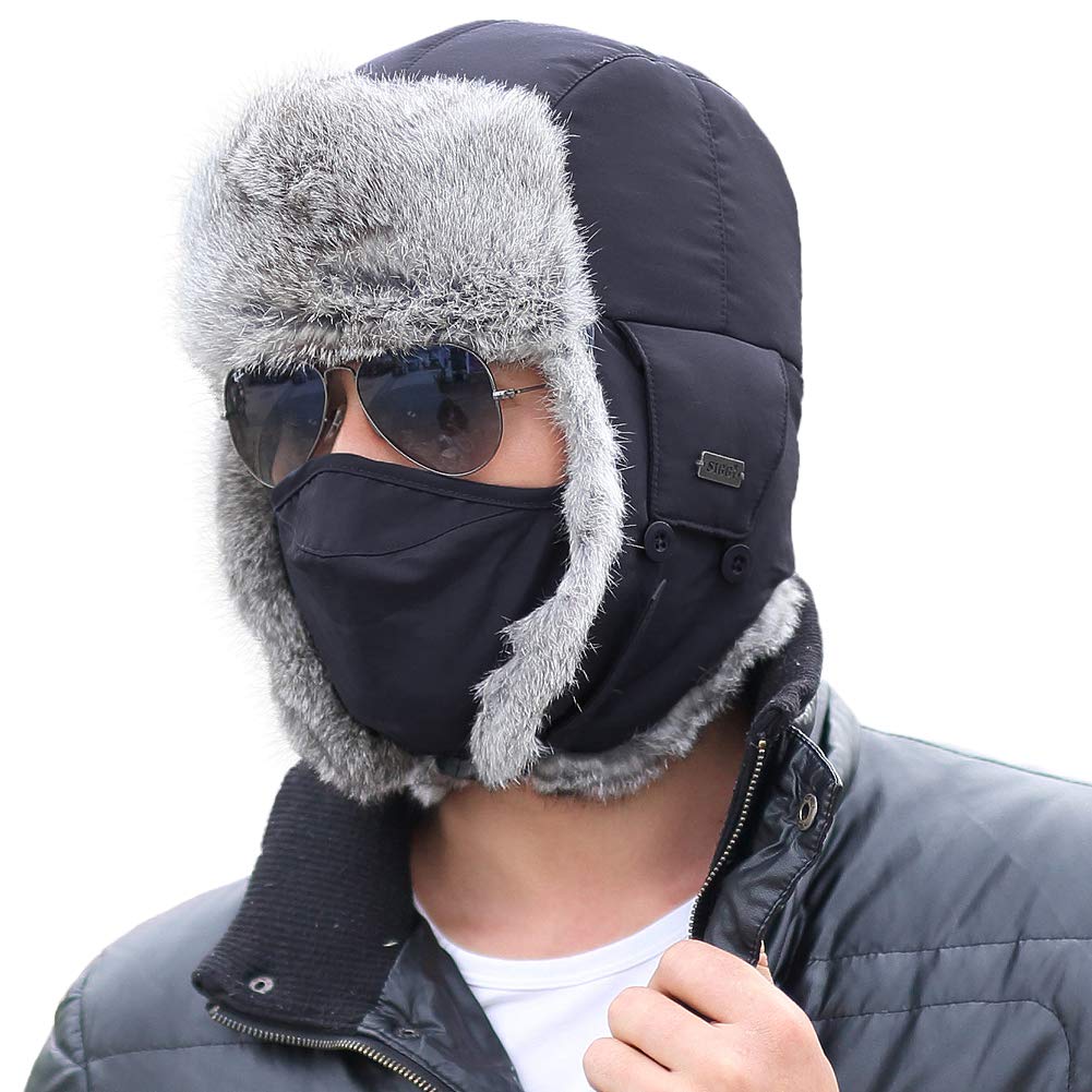 Comhats Winter 100% Rabbit Fur Lined Russian Ushanka Earflap Trapper Hat Trooper (US, Alpha, One Size, 69185_Navy)