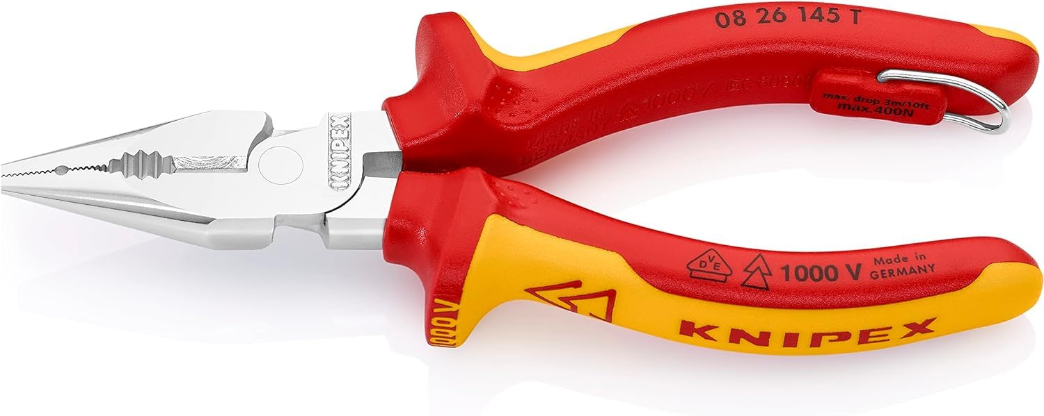 KNIPEX Alicate universal en punta cromado Aislado con fundas multicomponente, homologado por VDE; con anilla de fijación aislada e, 08 26 145 T