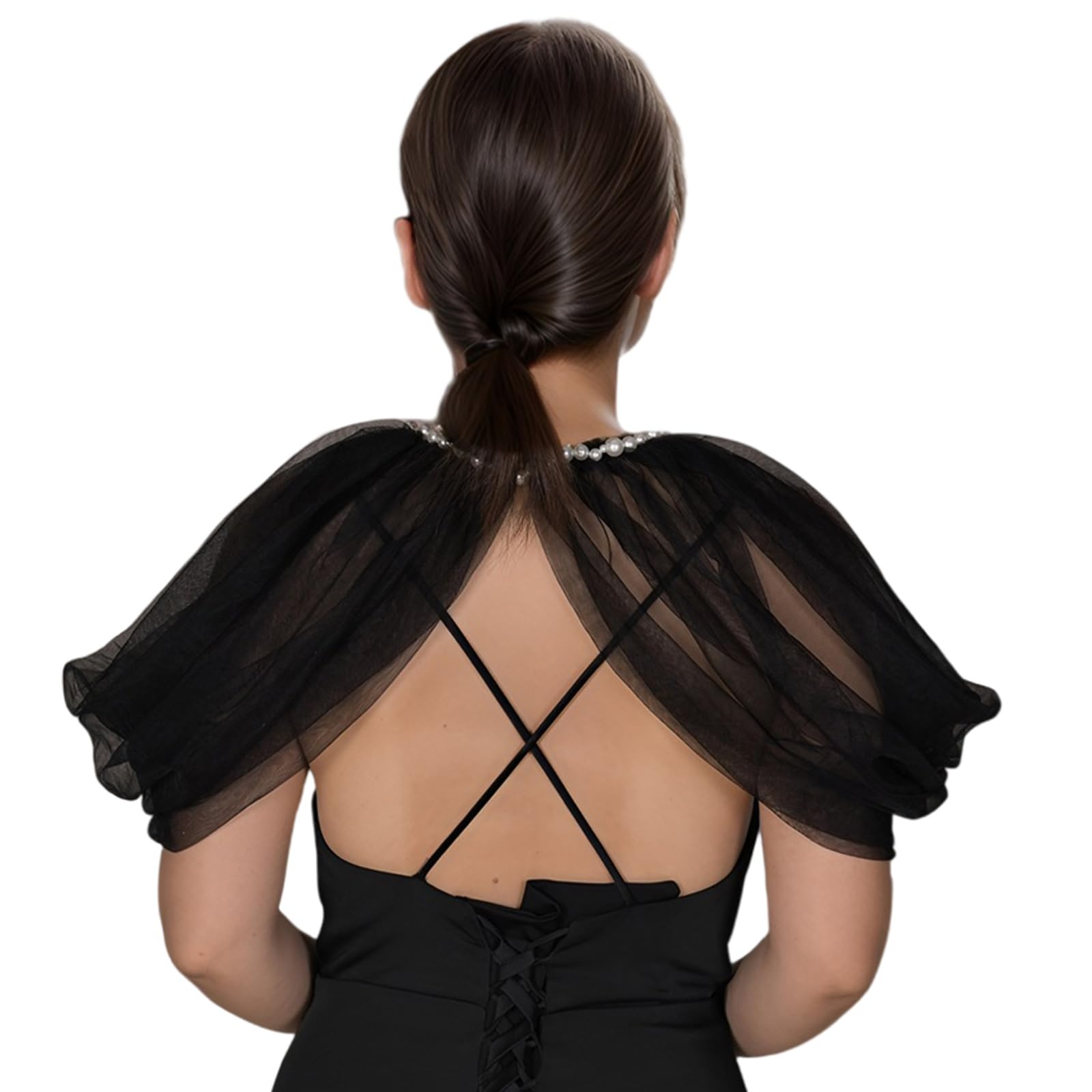 MOAIYU Elegant Pearls Capes Bride Tulle Shawl Halloween Capes Shawl Shoulder Jewelry Shoulder Covering Shoulder Jewelry