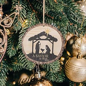 P graham dunn a savior is born nativity scene wood tree bark 4 inch christmas tree ornament  urban country home decor