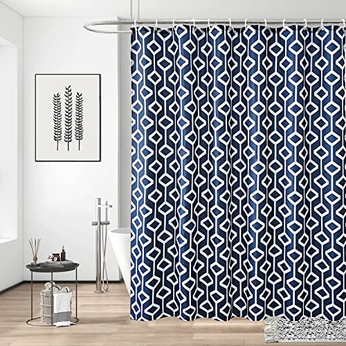 Trimming Shop Shower Curtain Polyester Fabric Bathroom Curtain with 12 Curtain Hook Waterproof Bath Curtain 180 x 200cm Long Shower Curtain Liner, Geometric Navy Blue & Teal