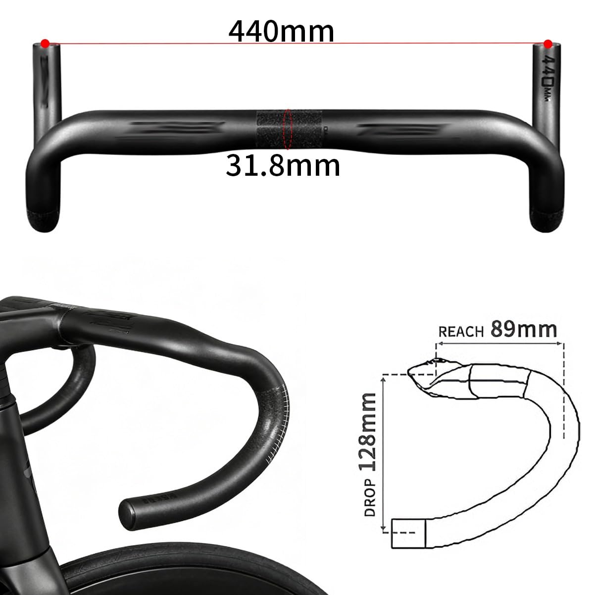 Manubrio per Bici da Strada Fibra di Carbonio Manubrio Curvo 380/400/420/440mm Manubrios da Corsa Diametro Morsetto 31,8mm Lunghezza 89mm Curvatura 128mm