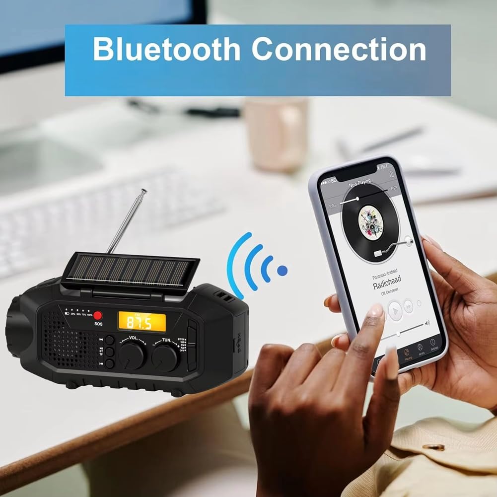 Radio awaryjne, głośnik Bluetooth, przenośna korba solarna radio AM/FM do survivalu, ładowarka USB, alarm SOS, do czytania