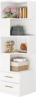Tribesigns 5段コーナー本棚 引き出し2杯付き 高さ170cm コーナー本棚シェルフ モダンでシンプルなコーナー収納キャビネット ディスプレイラックシェルフ リビングルーム ホームオフィス用 ホワイト