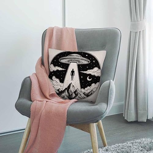 Miniatura 3 de HGOD DESIGNS Funda de almohada de nave espacial alienígena, secuestro de un humano con platillo volador, icono, luna, montaña, negro y blanco,