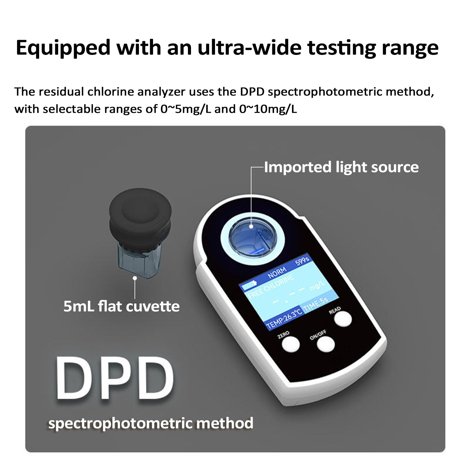 Tester di cloro residuo portatile, Analizzatore digitale della qualità dell'acqua, misura il contenuto di cloro in acqua, Metodo fotometrico DPD, 0-10mg/L, test di qualità dell'acqua affidabile