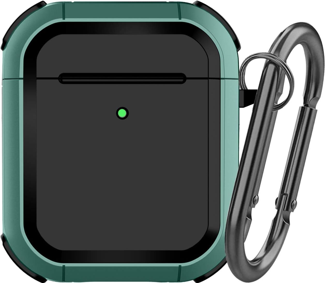 YOMPLOW Armor Airpods Case, Air Pods Full-Body Rugged Protective Case Men Charging Skin Shockproof iPods Case Cover with Carabiner for Apple Airpods 2&1 (Black/Green)