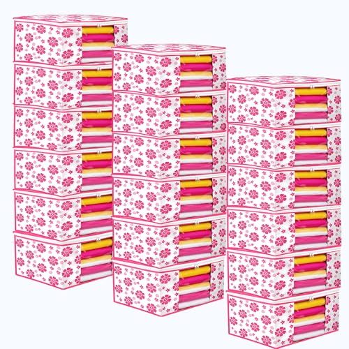 Image of Flower Printed Saree Covers for Cloth Storage & Wardrobe | Transparent Window, Zipper Closure | Pink-White | Pack of 18 | Dustproof Breathable Storage Bag for Travel & Home Use