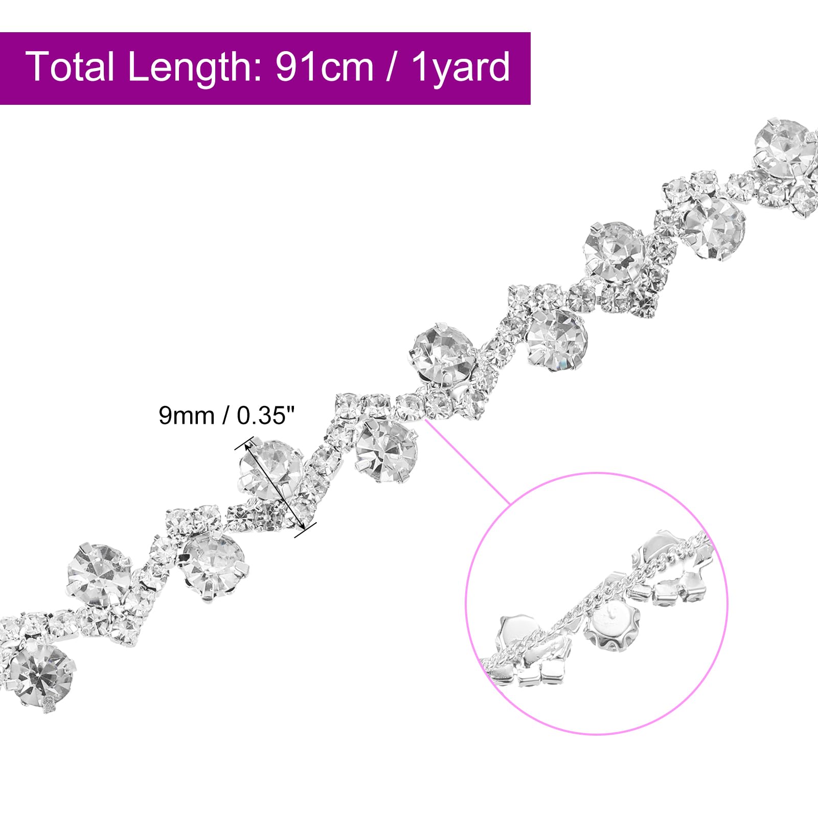 Strass Applique Cristallo Per Cucito E Decorazione - Catena 1 Yard, Intarsio Ad Artiglio, Colore Bianco, 9mm - Foto 5