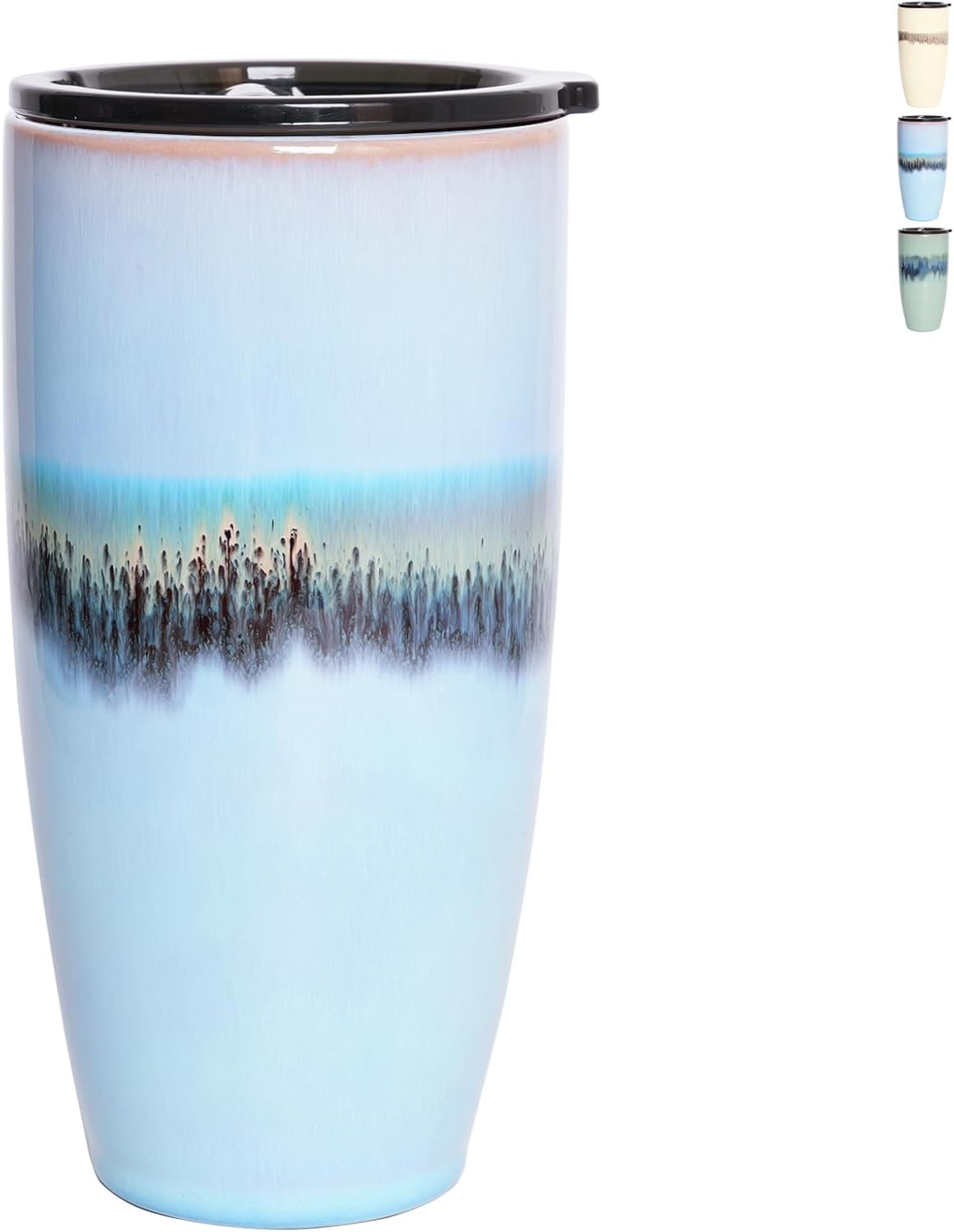 Bosmarlin Ceramic Travel Coffee Cup with Lid, 21 oz, Portable Coffee Mug for Car Cup Holder, Microwave Safe, Reactive Glaze (Forest Blue)