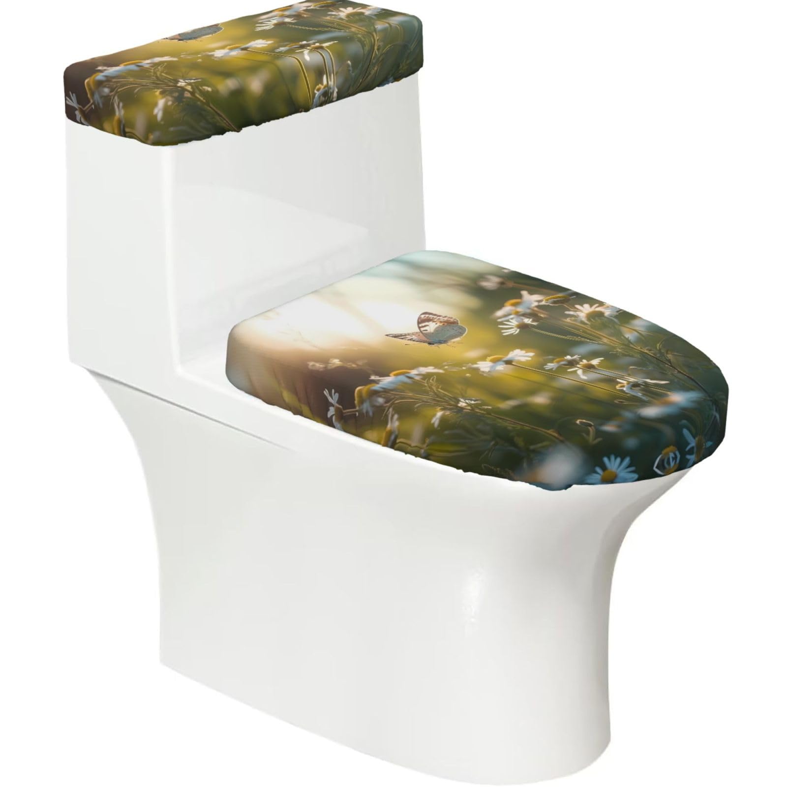 Mrowyc Black Daisy Butterfly Printed Toilet Seat Set - Set Of 2 - Universal Toilet Seat Cover - Housewarming Birthday Christmas Gift
