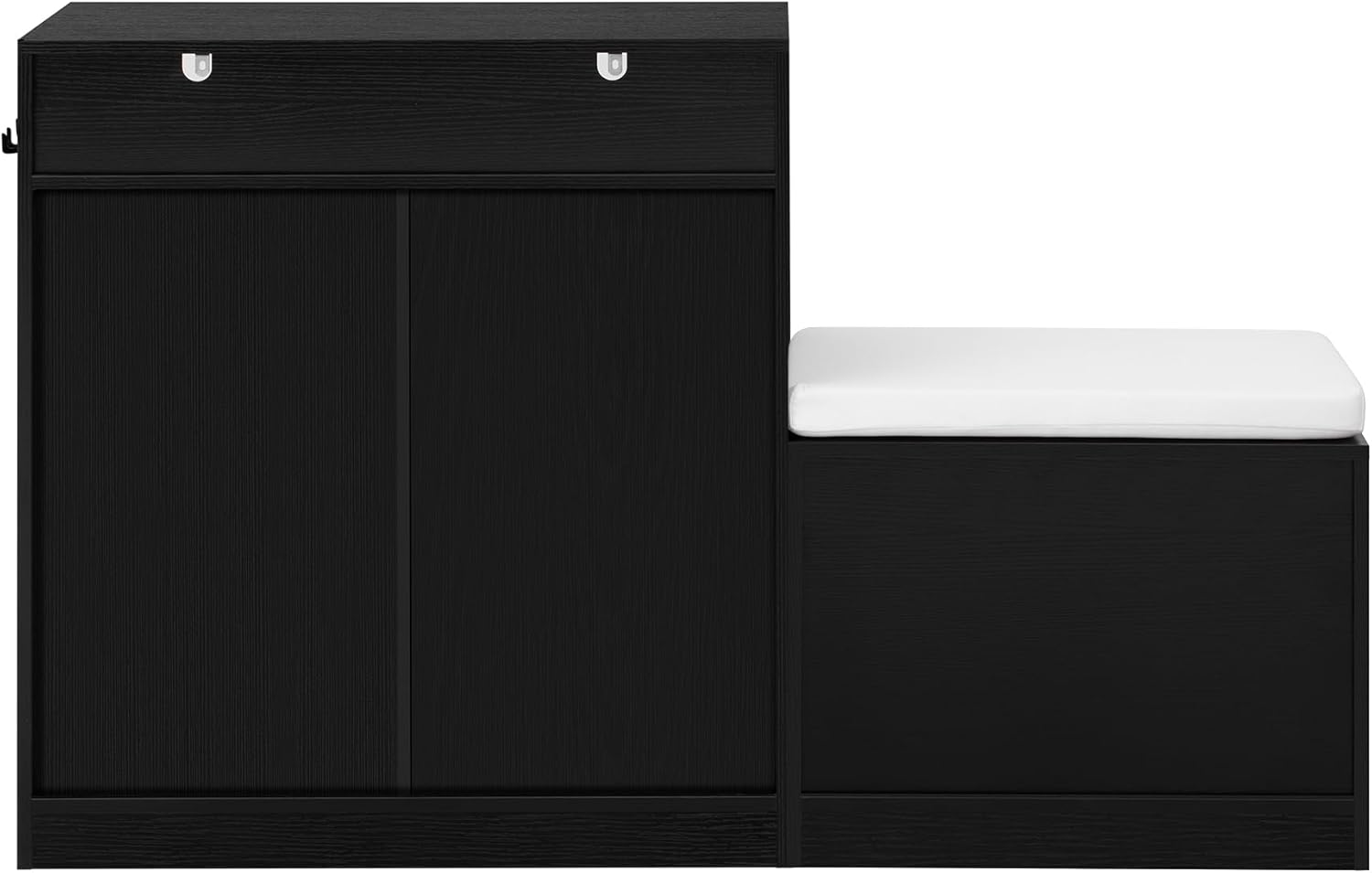 HY_Living Room Entryway Cabinet with Shoe Bench - 2 Doors, 3-Tier Adjustable Shelves, 4 Open Shoe Racks, Removable Cushion & Hooks. (Beige+Black)