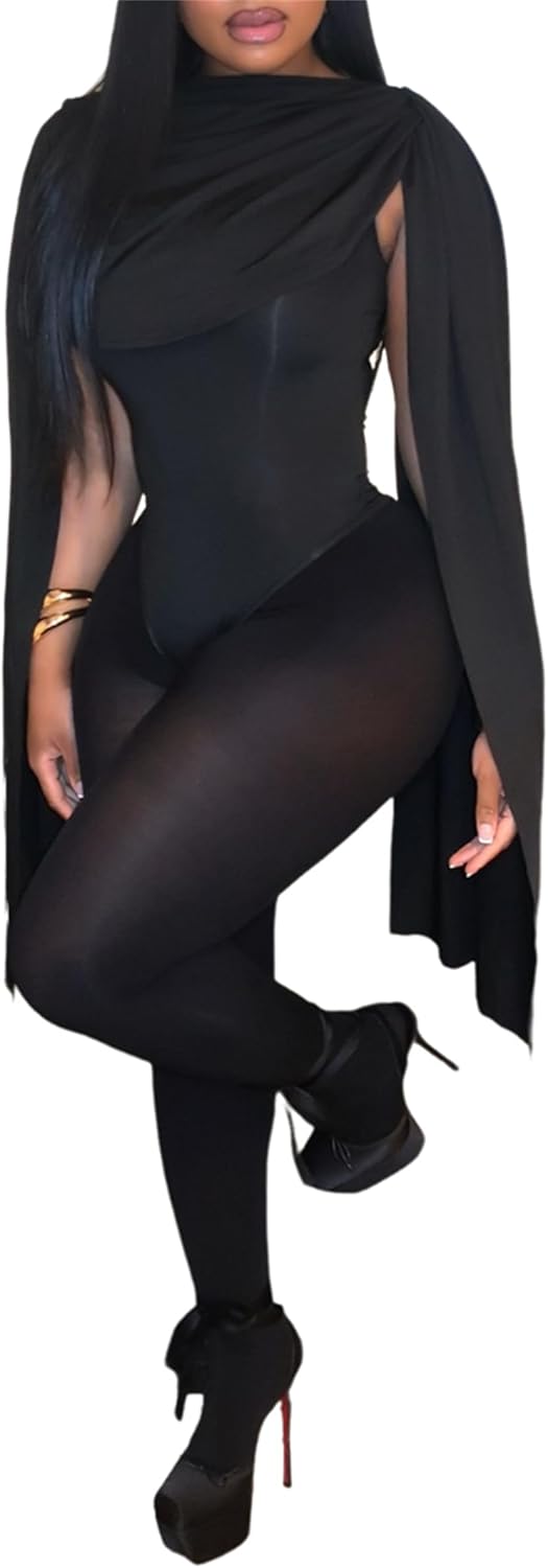 Women's Sexy 2 Piece Outfits Ruched Crowl Neck Cape Sleeve Thong Bodysuit Top Sheer Stockings Club Jumpsuits