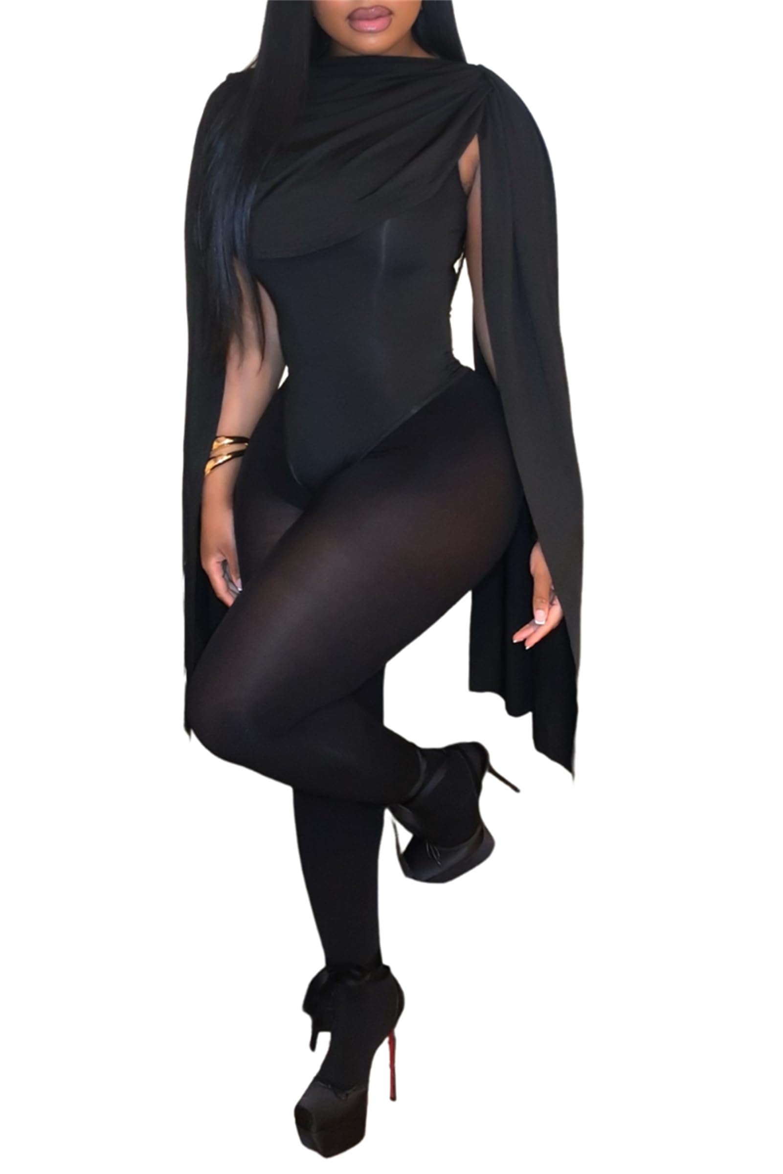 Womens Sexy 2 Piece Outfits Ruched Crowl Neck Cape Sleeve Thong Bodysuit Top Sheer Stockings Club Jumpsuits