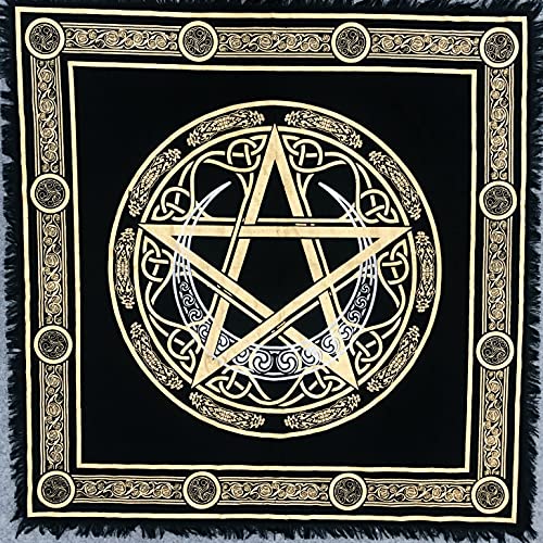 THE ART BOX Altar Cloth Tarot Cards Table Napkins Witchcraft Supplies Black Gold Tablecloth Square Alter Pagan Spiritual Celestial Deck Cloth with Fringes , Pentacle, 36x36 Inches