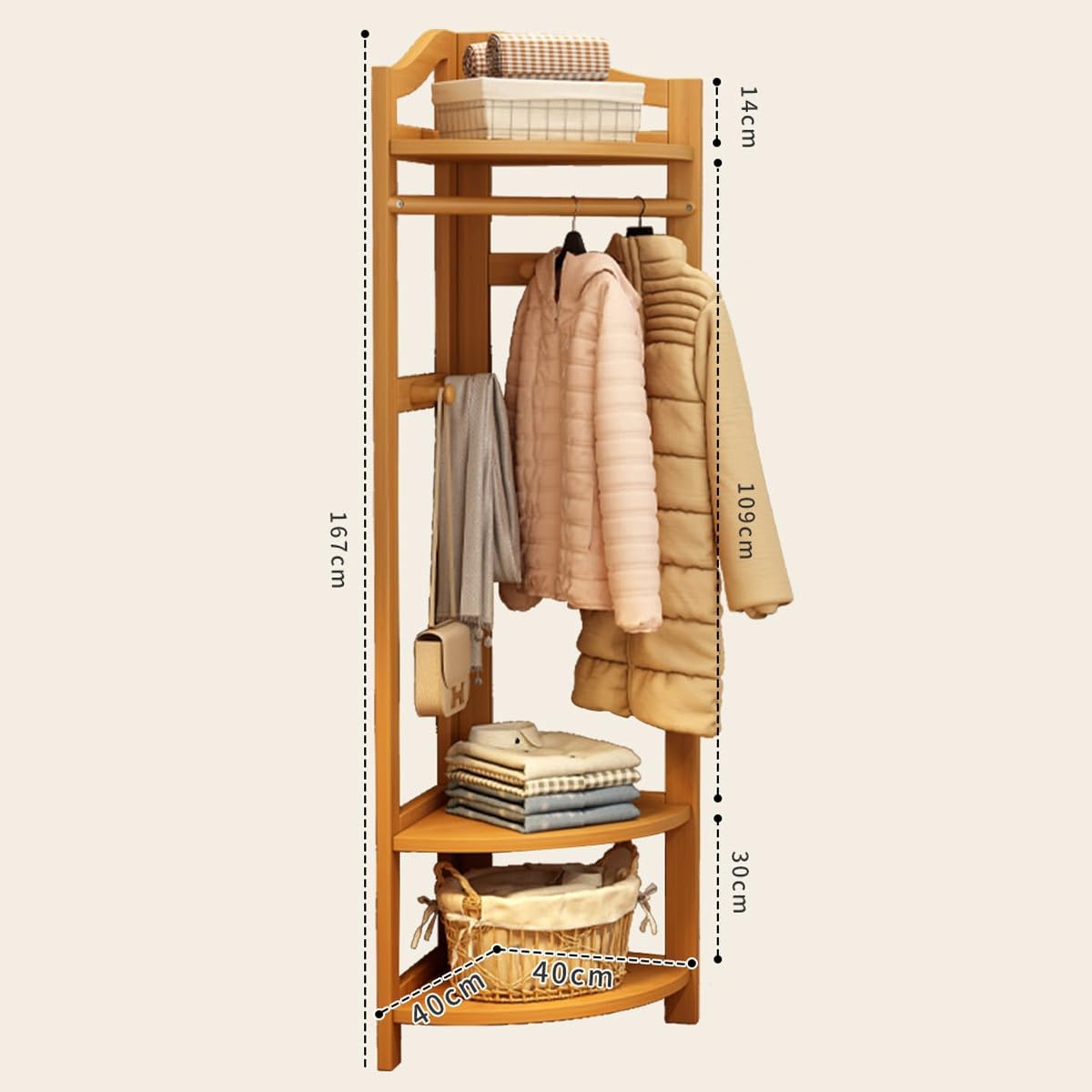 Perchero esquinero de bambú natural con estante, multifuncional para entrada de árbol de pasillo con ganchos y almacenamiento para dormitorio, sala de estar y pasillo