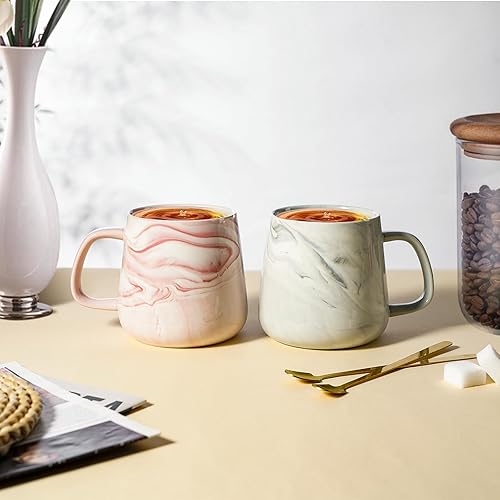 Miniatura 6 de Paquete de 2 tazas de cerámica para capuchino, 13.5 onzas, tazas de café Mr and Mrs Cappuccino, taza de café de mármol rosa y gris, taza de café con