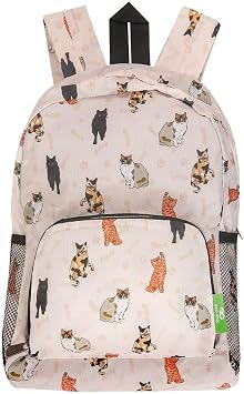 ECO CHIC Lightweight Foldable Water Resistant Mini Backpack Folds Into Pouch for Storage Beloved Cats Beige