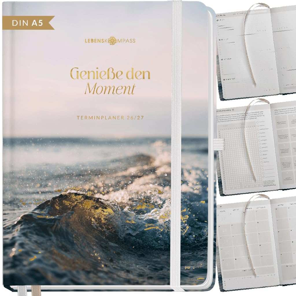 Lebenskompass® Kalender 2026 2027 A5 Surf - Terminplaner Juli 2026 bis Dezember 2027-18 Monate Wochenplaner & Buchkalender mit Achtsamkeit, Hardcover mit Goldprägung
