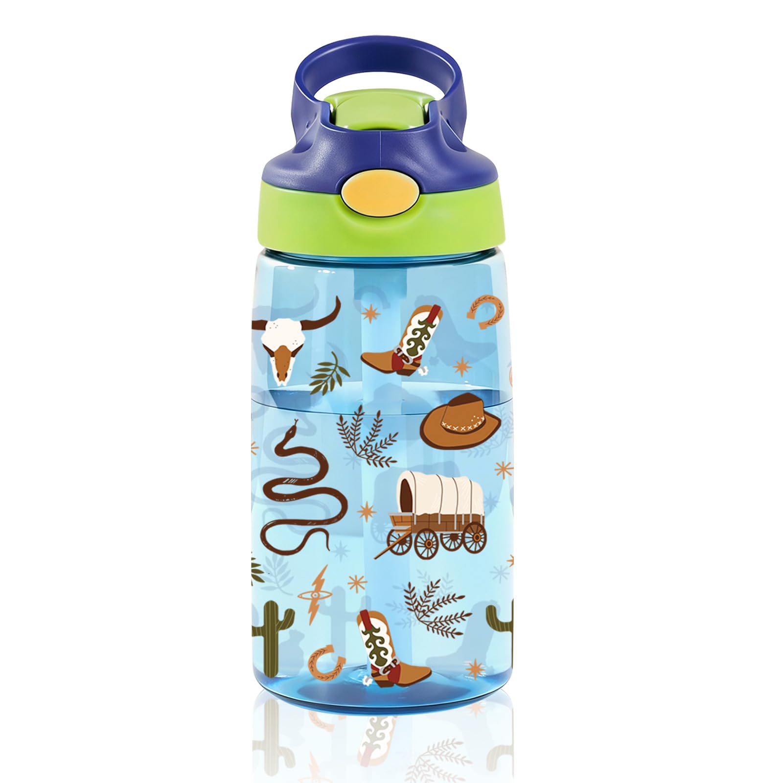 14oz Cowboy Kids Water Bottle with Straw - Western Water Bottle For School, Leakproof, Lightweight, Durable Plastic Bottles for Kids Travel, Pop-Up Straw Cover, Gift Cup for Boys Girls (Cowboy)