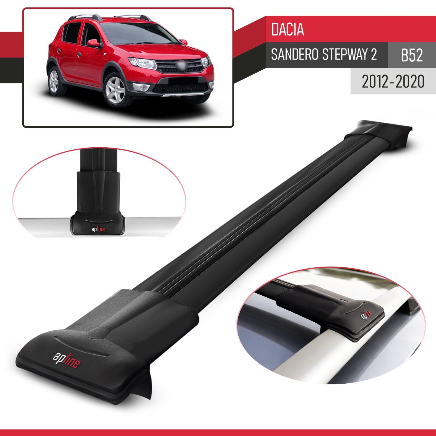 Compatibile con Dacia Sandero Stepway 2 (B52) 2012-2020 Modello FLY Barre Tetto Portapacchi Auto Barre Portatutto Nero Alluminio 2 Barre