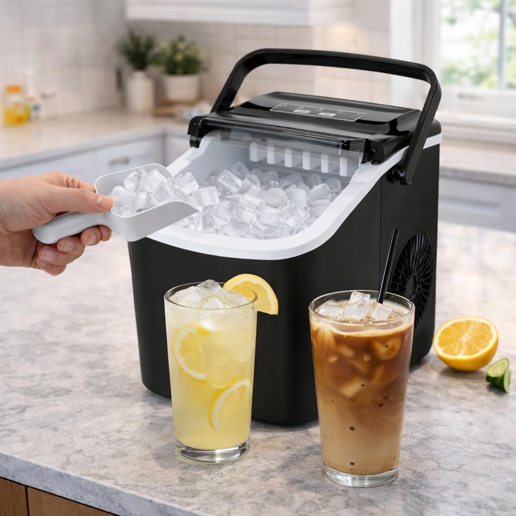 Macchina per il ghiaccio | Macchina per il ghiaccio da banco con manico portatile | 9 cubetti pronti in 6 minuti | 12 kg in 24 ore | autopulente | paletta e cestino | per casa/cucina/ufficio/bar (nero