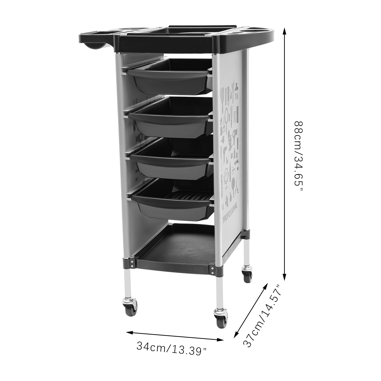 Chariot de coiffure 4 tiroirs roulettes 30 kg 37x34x88 cm blanc