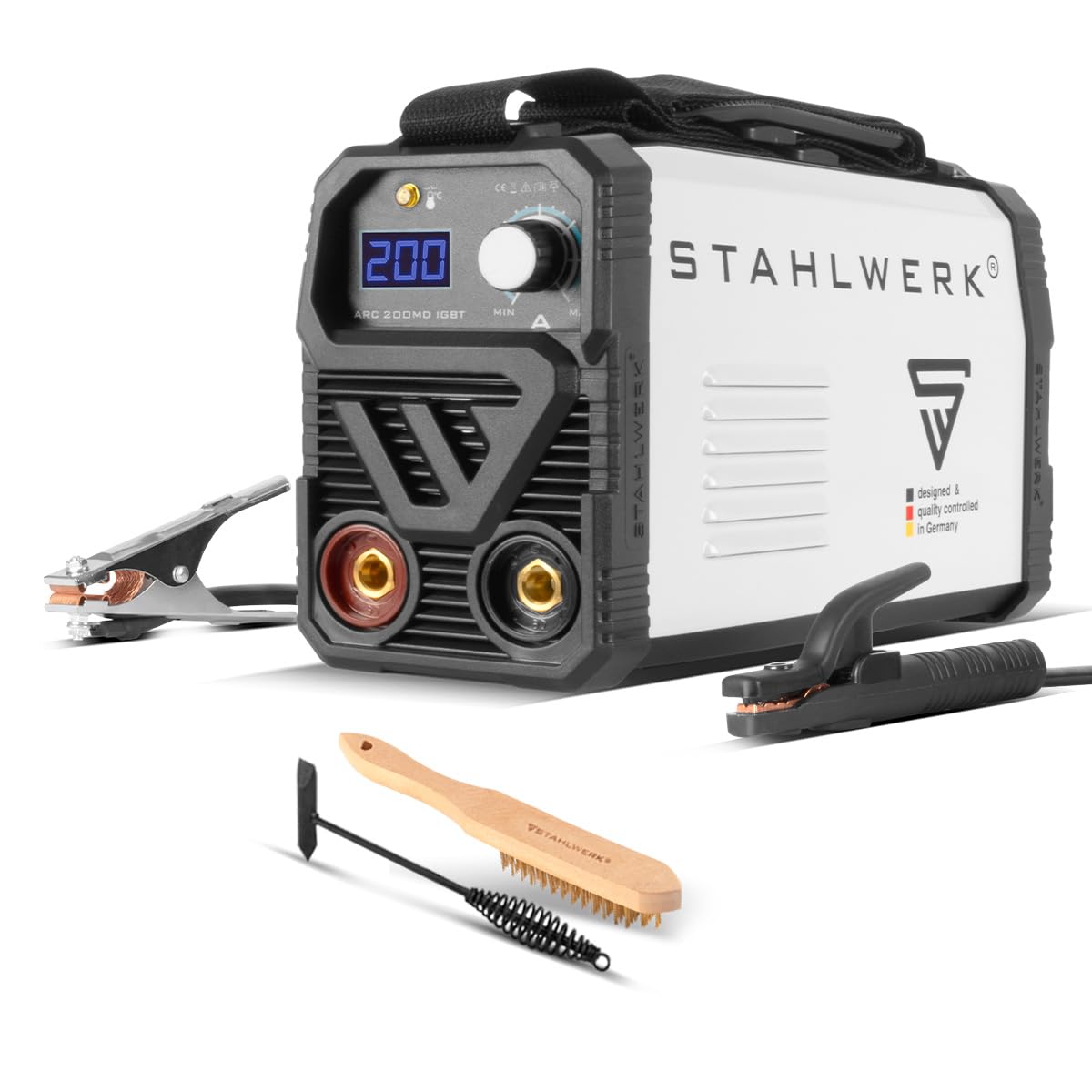 STAHLWERK Soldadora de electrodos 160 MD – Equipo completo – Máquina de soldar MMA/Electrodo, 160 A, uso flexible sin gas, compacta y ligera, ampliable a DC TIG, Anti-Stick, refrigeración inteligente