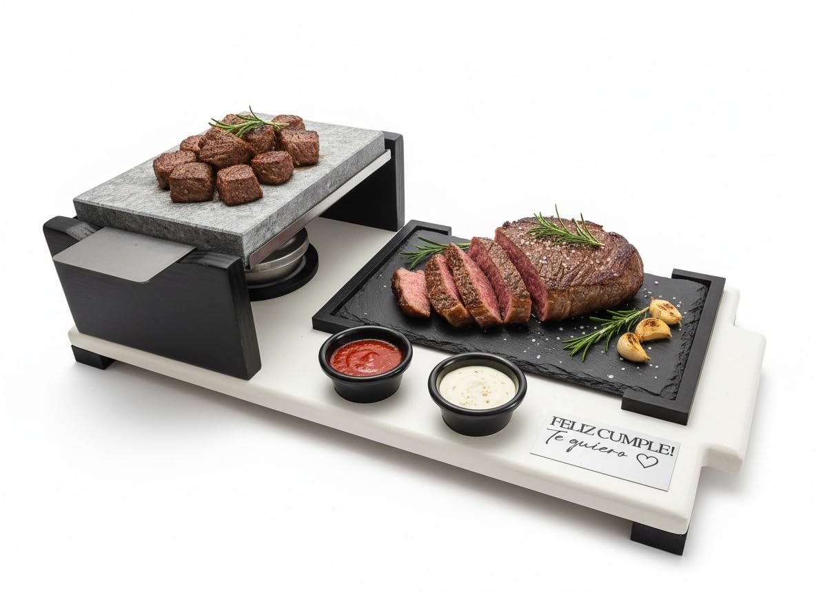 Piedra Volcánica Piedrasar para Asar Carne- con Plato de Pizarra para presentación de Alimentos-Apta para Calentar en Horno, Fuego Directo, vitro y Barbacoa- con Quemador de Alcohol y Dos salseros