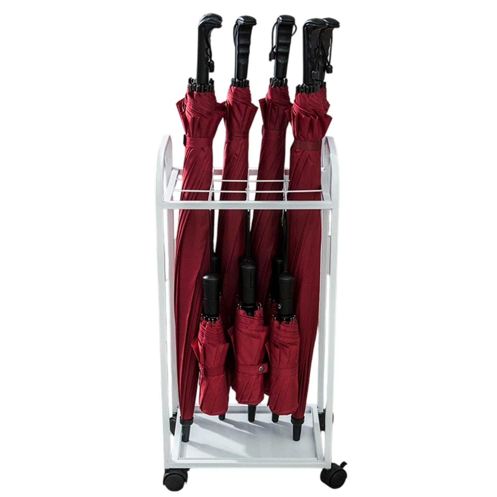 CWCQGH Portable Umbrella Holder Rack with 12 Holes & 6 Hooks Modern Metal Design Locking Wheels & Removable Drip Tray for Hotels & Apartments Entryway nizer,White-36 * 25 * 68cm/14 * 9 * 26in