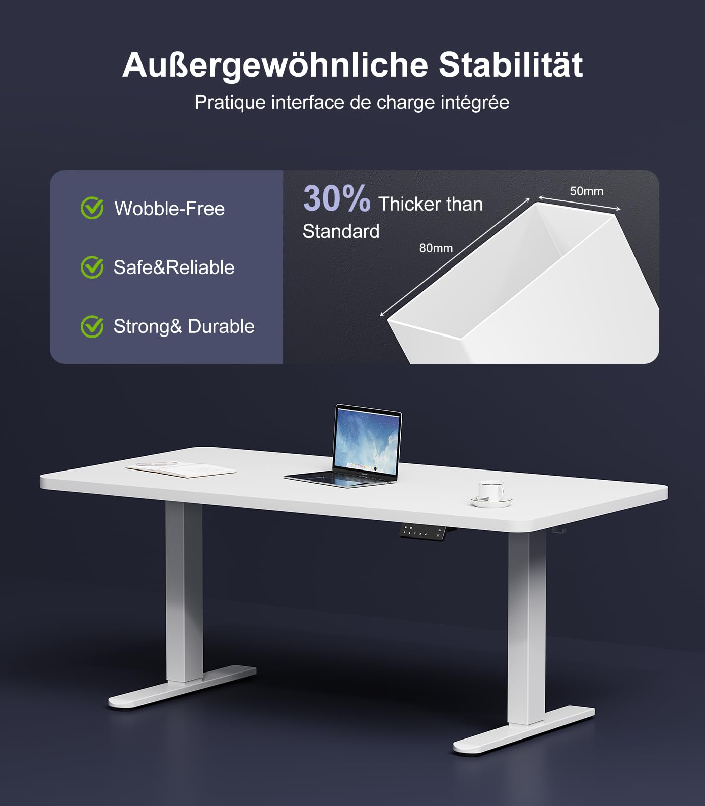 JUMMICO Höhenverstellbarer Schreibtisch Gestell mit 2 Starken Motoren, Type-C Aufladen und Kabelmanagement & Räder, 130kg Tragkraft, 4 Höhenspeicher, Elektrisch Tischgestell Höhenverstellbar, Weiß