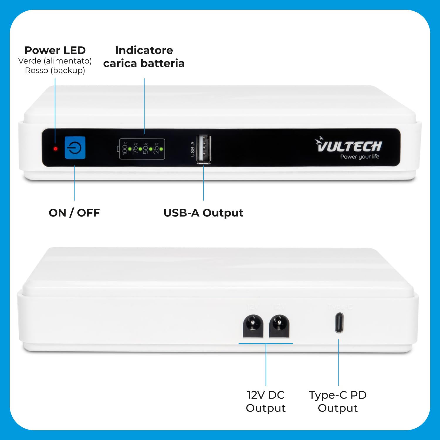 VulTech UPS60PWTC-DC Mini UPS 4350mAh 60W Gruppo di Continuità Portatile per Router Modem Telecamera Power Bank USB 2.4A Type-C PD/QC3 45W DC 12V, bianco