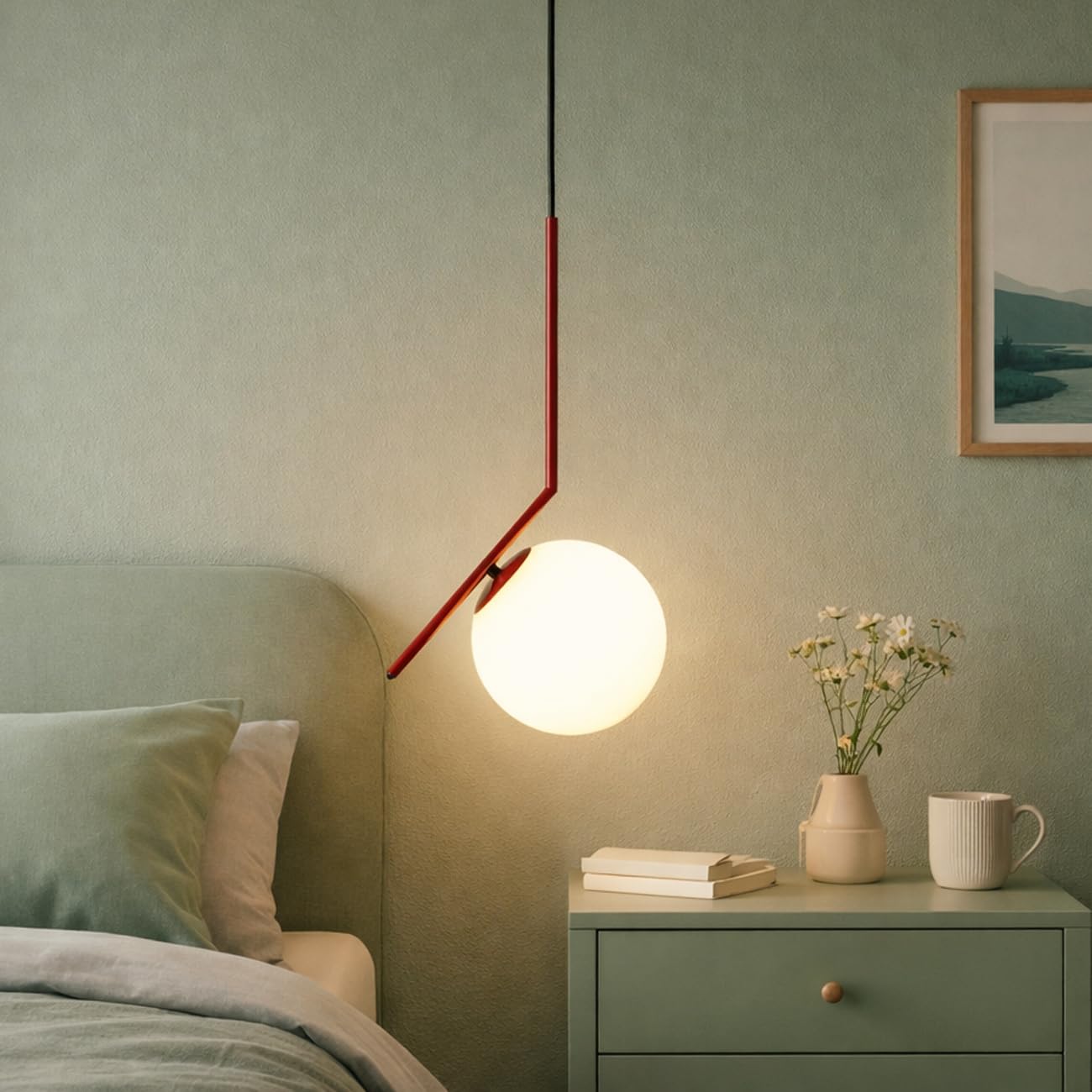 BARCELONA LED Lampada a Sospensione in Vetro a Sfera E27, Corpo in Metallo Alluminio con in Vetro Opalino, Stile Nordico Moderno Giapponese Industriale e Classico per Soggiorno e Cucina, Rosso