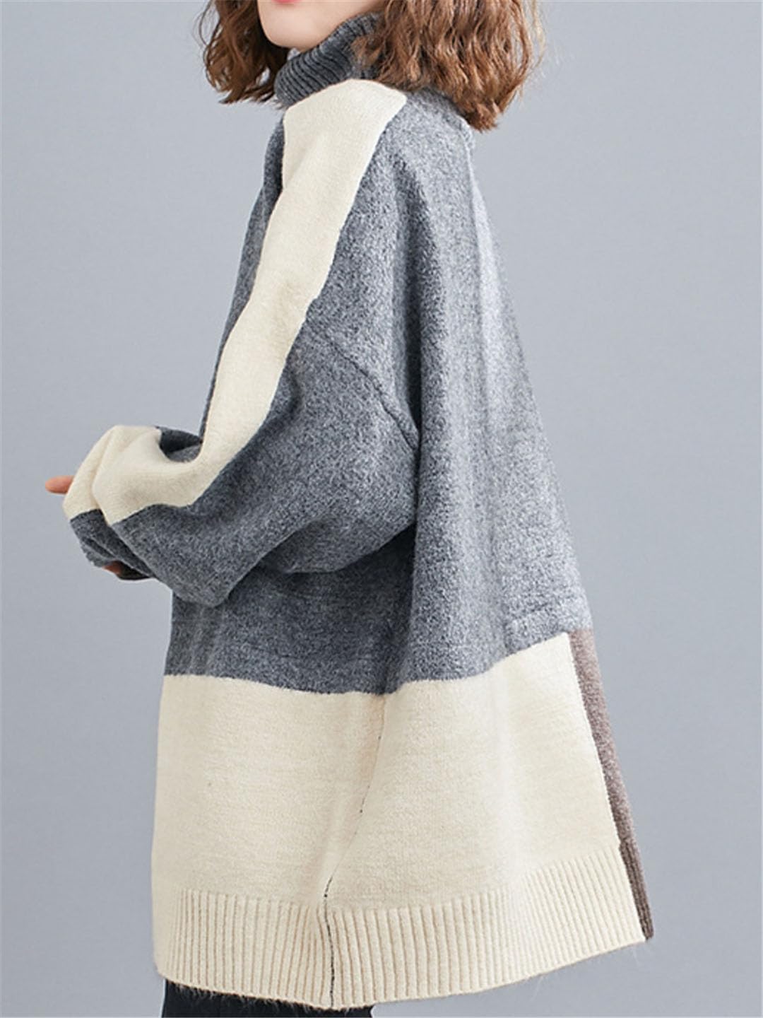 Vogrtcc Top da Donna Pullover Dolcevita Color Block Maglione Oversize da Donna di Media Lunghezza Allentato