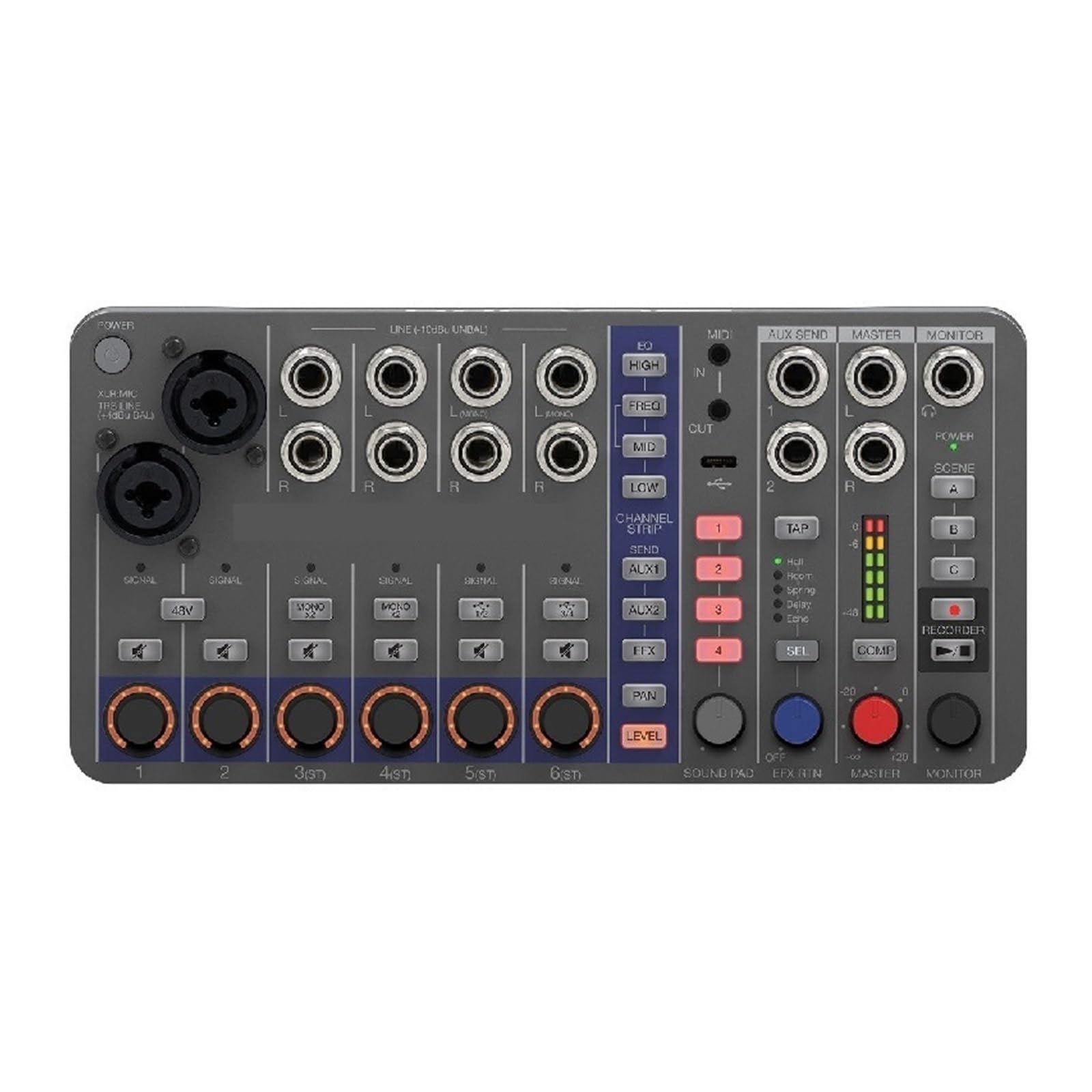 Controladora DJ, Mezclador/grabador digital, alimentado por batería, 32 bits flotantes, 10 canales, 2 entradas combinadas + 4 estéreo, MIDI, efectos