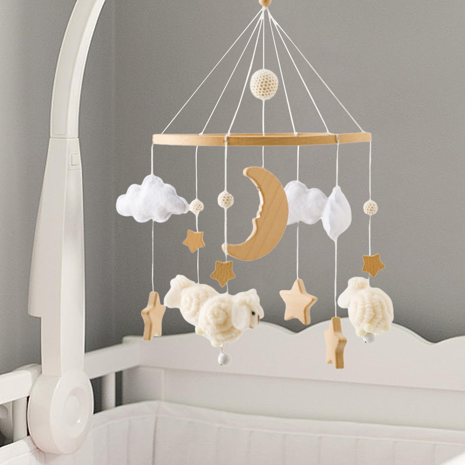 Mobile für Kinderbett mit Filzigen Hängenden Dekorationen Hölzerne Spieluhr mit Plüschpendel Und Windspiel Originelle Krippenmobile Zum Aufhängen, Beige
