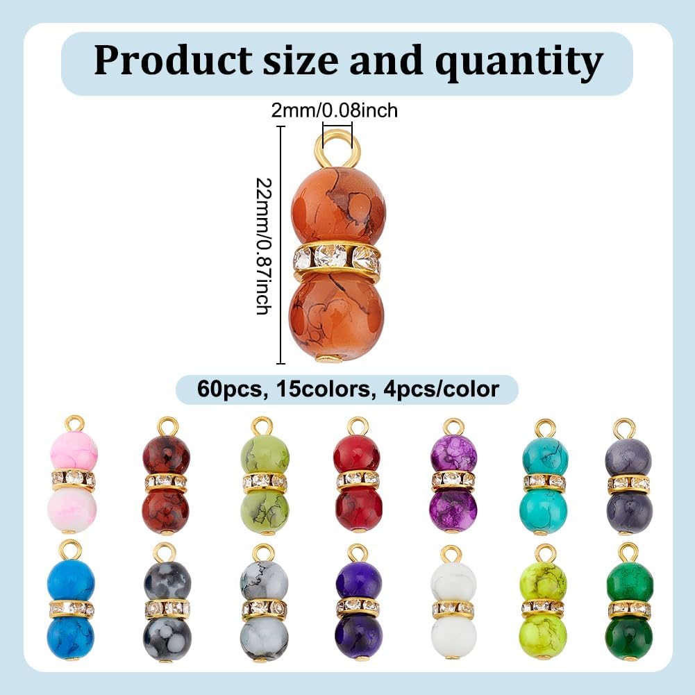 60Pcs 15 Colors Round Bead Dangle Charms Bulk 0.87 Inch Glass Bead Pendant Crackle Beads Charms Mixed Color Beads Charm for DIY Bracelets Necklace Jewelry Making Hole: 2mm - Image 2